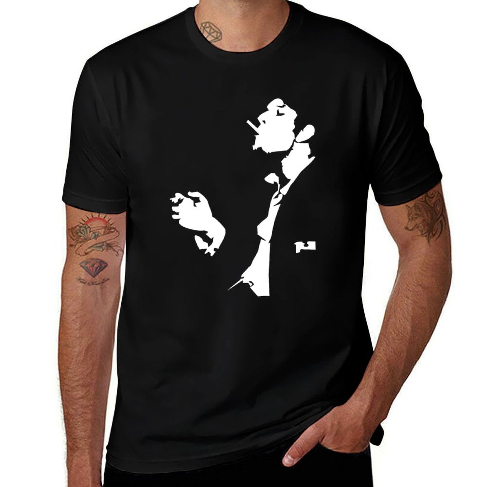 Classic Noir Gentleman Graphic T-Shirt, Black Short Sleeve Tee, Vintage Silhouette Print Shirt, Minimal White Portrait Design, Retro Streetwear Casual Top