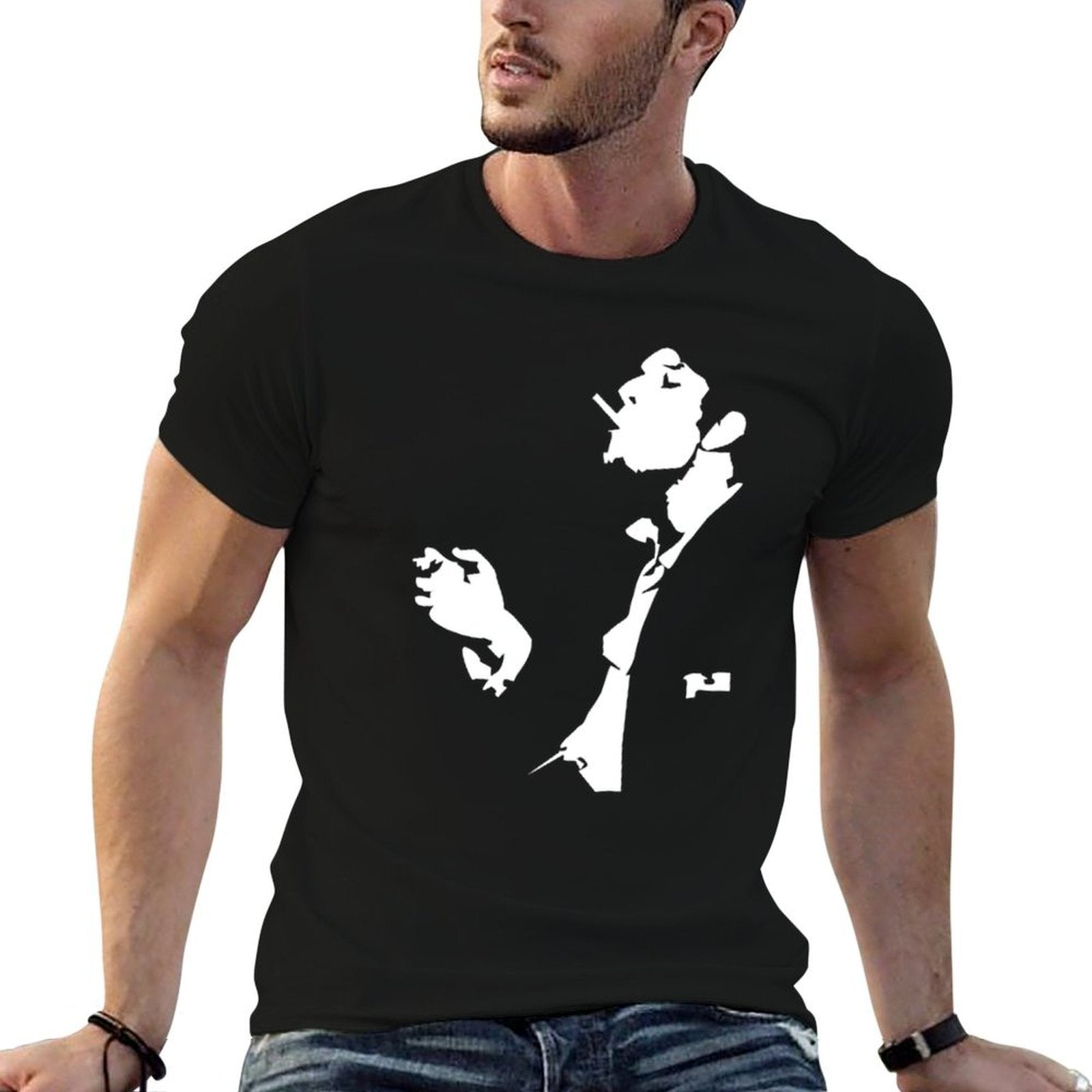 Classic Noir Gentleman Graphic T-Shirt, Black Short Sleeve Tee, Vintage Silhouette Print Shirt, Minimal White Portrait Design, Retro Streetwear Casual Top