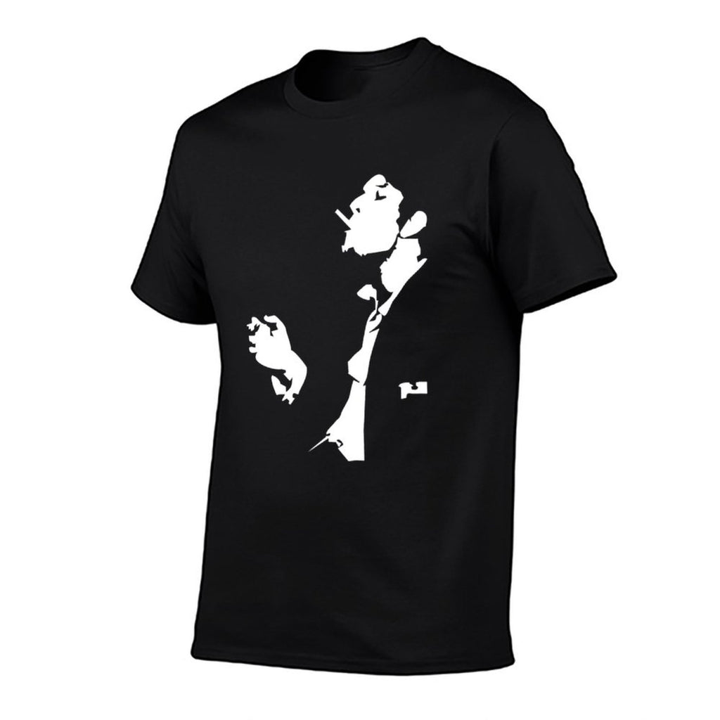 Classic Noir Gentleman Graphic T-Shirt, Black Short Sleeve Tee, Vintage Silhouette Print Shirt, Minimal White Portrait Design, Retro Streetwear Casual Top