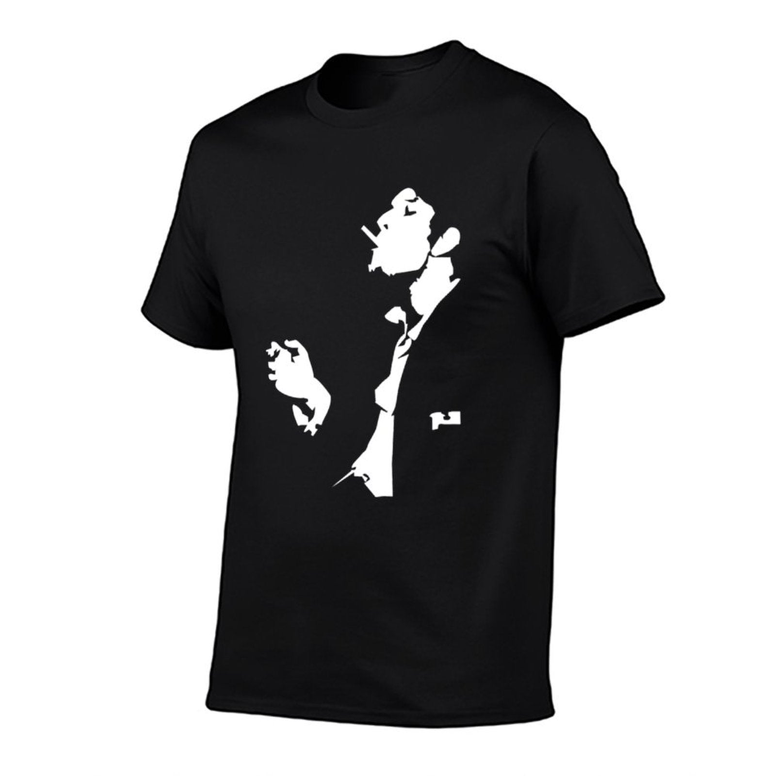 Classic Noir Gentleman Graphic T-Shirt, Black Short Sleeve Tee, Vintage Silhouette Print Shirt, Minimal White Portrait Design, Retro Streetwear Casual Top